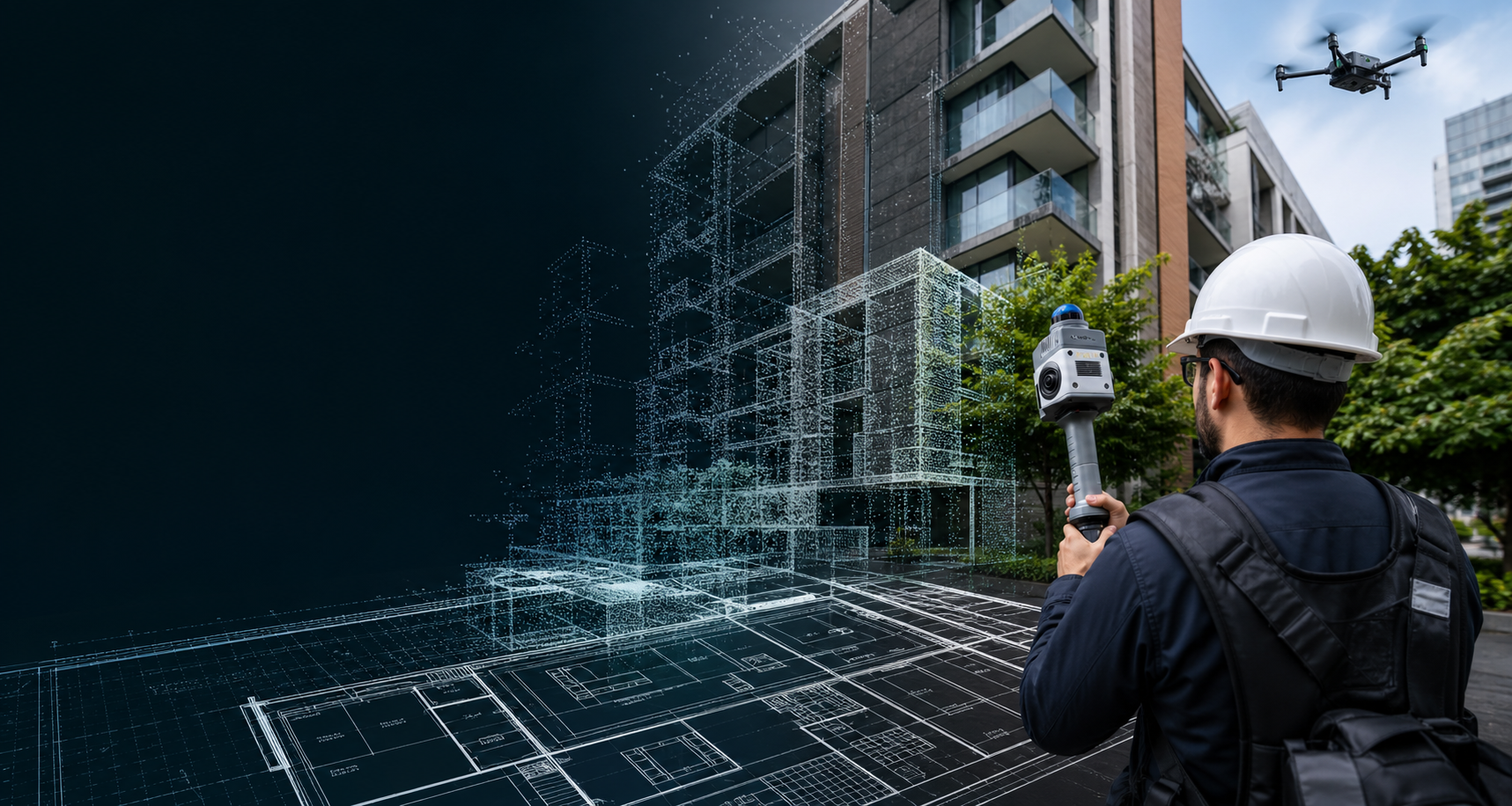 Técnico usando scanner SLAM com drone e sobreposição de nuvem de pontos em edifício urbano